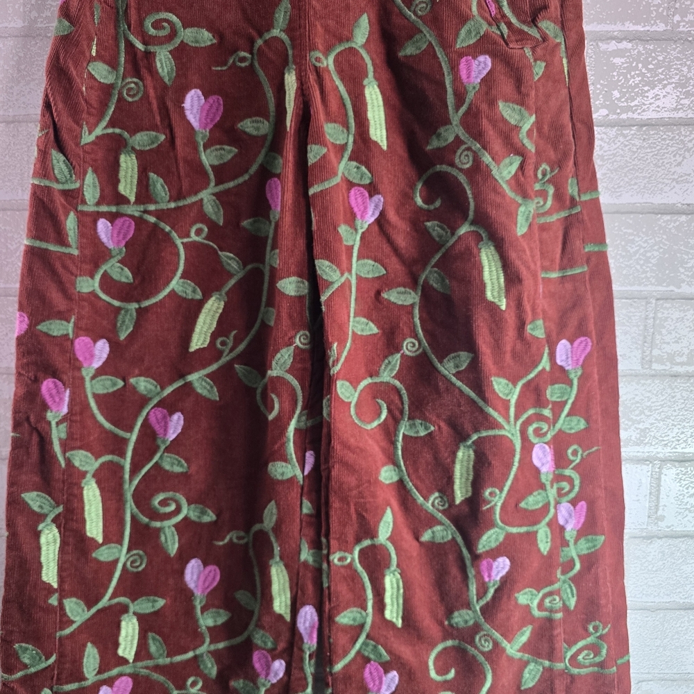 Samantha Pleet Sweet Pea Embroidered Plank Pants Wide Leg Sienna Brown Size 26/8 - Picture 4 of 15